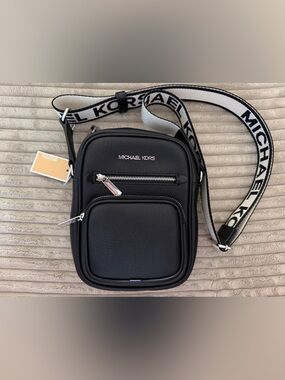 Michael Kors Black Pebbled Leather Messenger Crossbody with Logo Webbing Strap